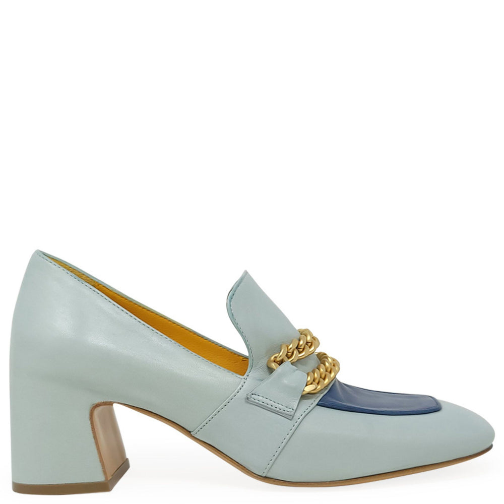 Light blue loafer with gold chain detail on a white background