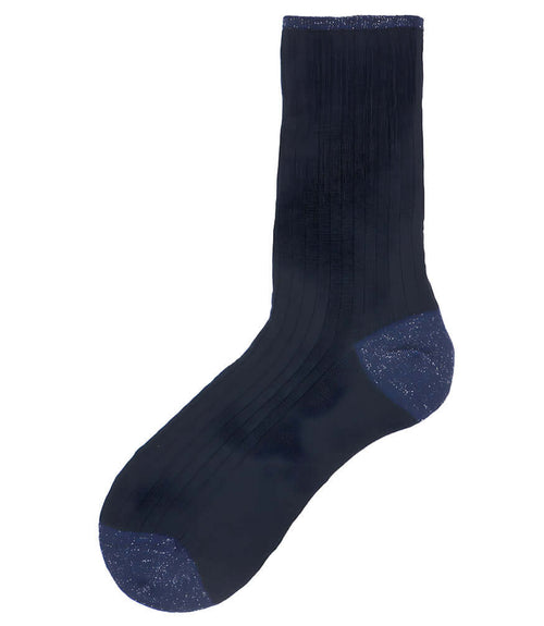 A mid-calf knit sock featuring a mix of textured panels, ribbed leg section, and bold horizontal stripes around the arch and cuff.