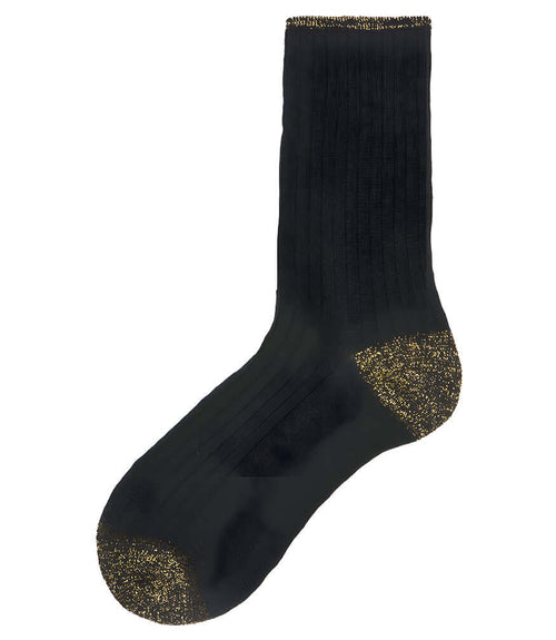 A mid-calf knit sock featuring a mix of textured panels, ribbed leg section, and bold horizontal stripes around the arch and cuff.