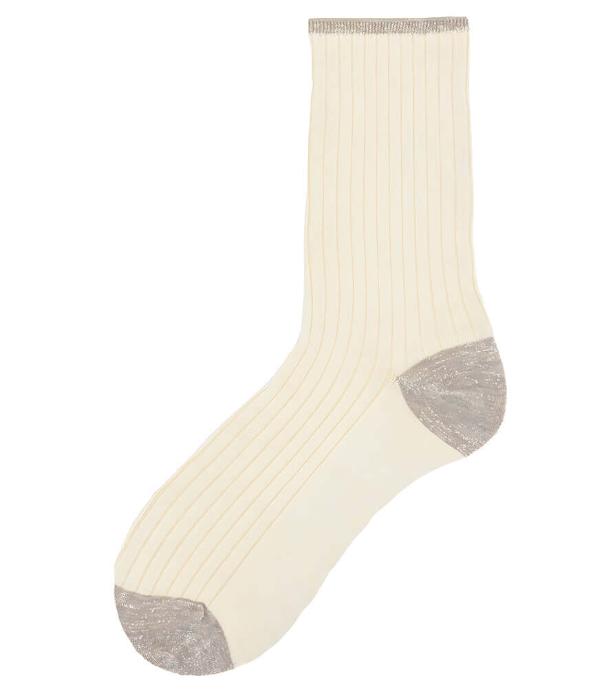 A mid-calf knit sock featuring a mix of textured panels, ribbed leg section, and bold horizontal stripes around the arch and cuff.