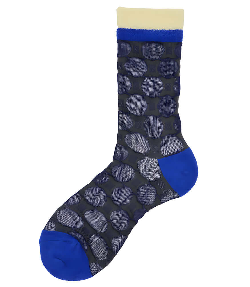 A mid-calf knit sock featuring a mix of textured panels, ribbed leg section, and bold horizontal stripes around the arch and cuff.