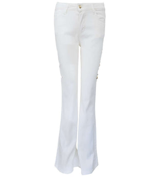 Flared-leg pants made in Italy with a mid-rise fit, featuring front and back pockets and star-shaped accents on the hip, lower leg, and back pocket. Displayed from multiple angles against a clean background