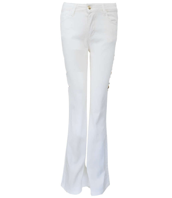 Flared-leg pants made in Italy with a mid-rise fit, featuring front and back pockets and star-shaped accents on the hip, lower leg, and back pocket. Displayed from multiple angles against a clean background