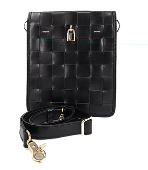 Luxury leather handbags, 100% handmade in Italy, featuring a signature center lock and elegant designs by Madison of Beverly Hills - Black Woven Leather White Crossbody Bag - Front View with Strap