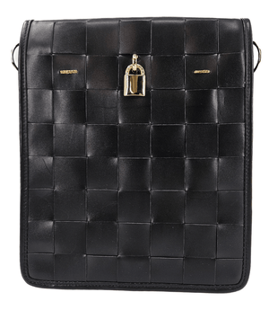 Luxury leather handbags, 100% handmade in Italy, featuring a signature center lock and elegant designs by Madison of Beverly Hills - Black Woven Leather White Crossbody Bag - Front View