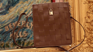 Luxury leather handbags, 100% handmade in Italy, featuring a signature center lock and elegant designs by Madison of Beverly Hills - Chocolate Woven Leather White Crossbody Bag