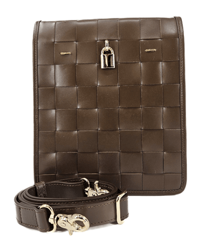 Luxury leather handbags, 100% handmade in Italy, featuring a signature center lock and elegant designs by Madison of Beverly Hills - Chocolate Woven Leather White Crossbody Bag - Front View with Strap