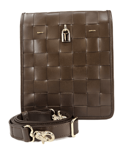 Luxury leather handbags, 100% handmade in Italy, featuring a signature center lock and elegant designs by Madison of Beverly Hills - Chocolate Woven Leather White Crossbody Bag - Front View with Strap