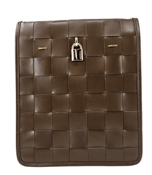 Luxury leather handbags, 100% handmade in Italy, featuring a signature center lock and elegant designs by Madison of Beverly Hills - Chocolate Woven Leather White Crossbody Bag - Front View