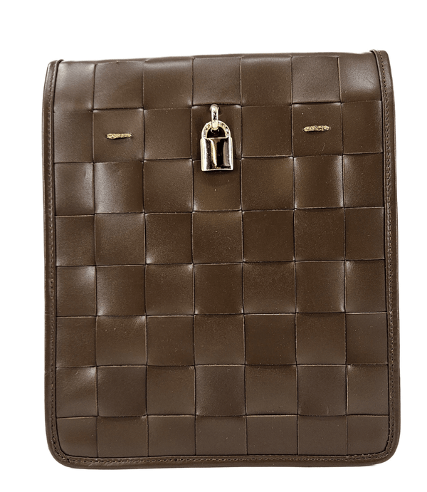Luxury leather handbags, 100% handmade in Italy, featuring a signature center lock and elegant designs by Madison of Beverly Hills - Chocolate Woven Leather White Crossbody Bag - Front View