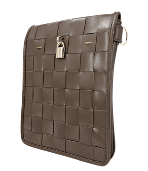 Luxury leather handbags, 100% handmade in Italy, featuring a signature center lock and elegant designs by Madison of Beverly Hills - Chocolate Woven Leather White Crossbody Bag - Side View