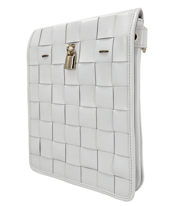 Luxury leather handbags, 100% handmade in Italy, featuring a signature center lock and elegant designs by Madison of Beverly Hills - White Woven Leather White Crossbody Bag - Side View