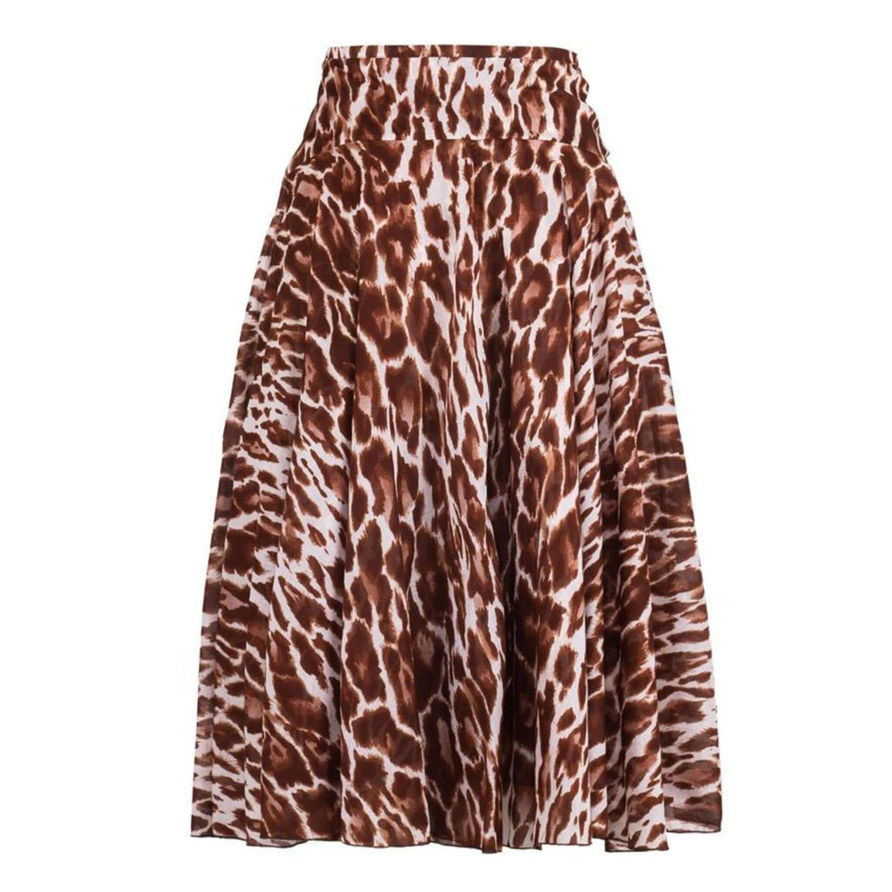 A front view of a Samantha Sung midi skirt in a beige and camel leopard print with a high yoke waistband, displayed on a white background.