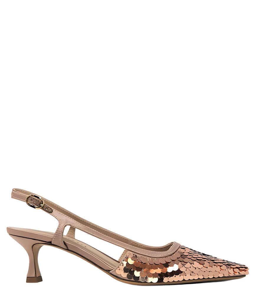 Handcrafted slingback shoe with sequin embellishments, low heel, and pointed toe design. Features an adjustable ankle strap and a textured surface for added visual interest