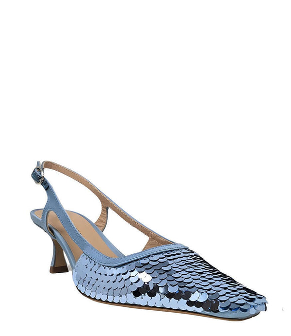 Handcrafted slingback shoe with sequin embellishments, low heel, and pointed toe design. Features an adjustable ankle strap and a textured surface for added visual interest