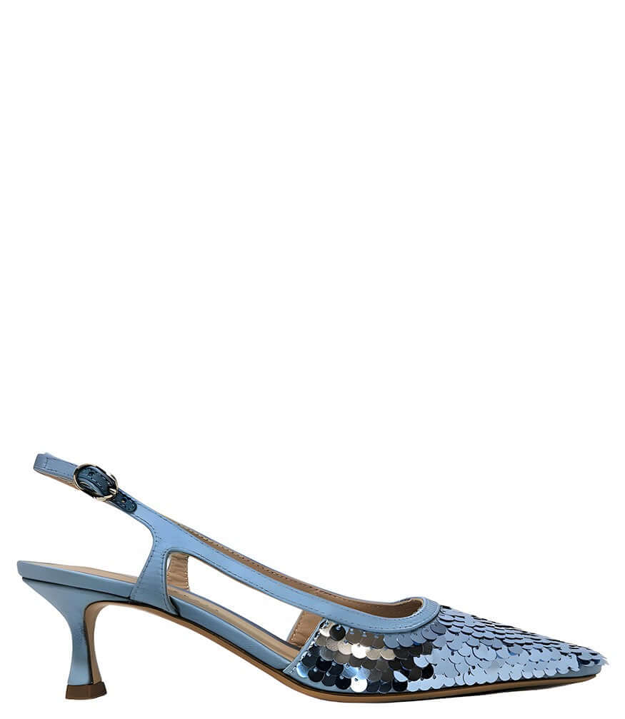 Handcrafted slingback shoe with sequin embellishments, low heel, and pointed toe design. Features an adjustable ankle strap and a textured surface for added visual interest