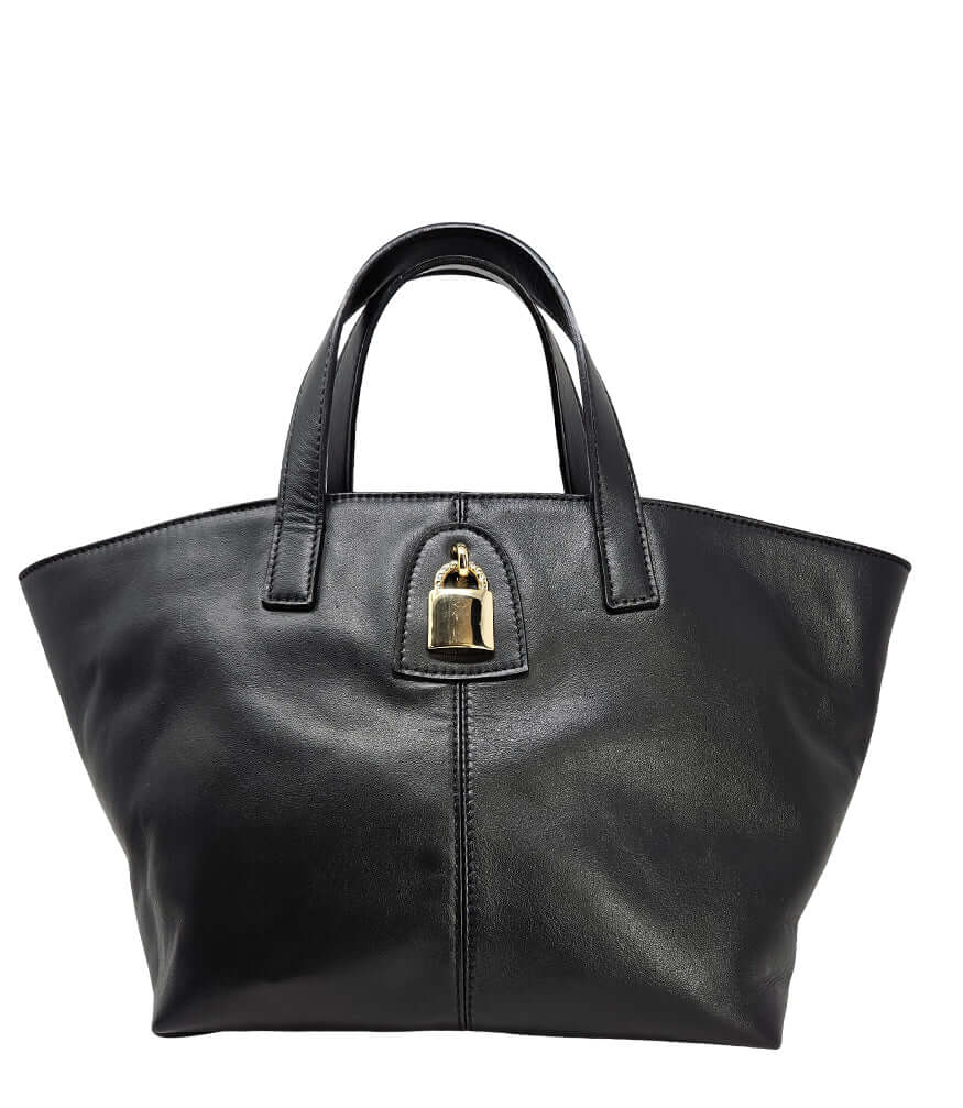 "A light grey leather tote bag with short handles and a structured silhouette, featuring a central vertical seam and a small gold padlock accent beneath the handle. Designed by Madison in Beverly Hills and handmade in Italy.