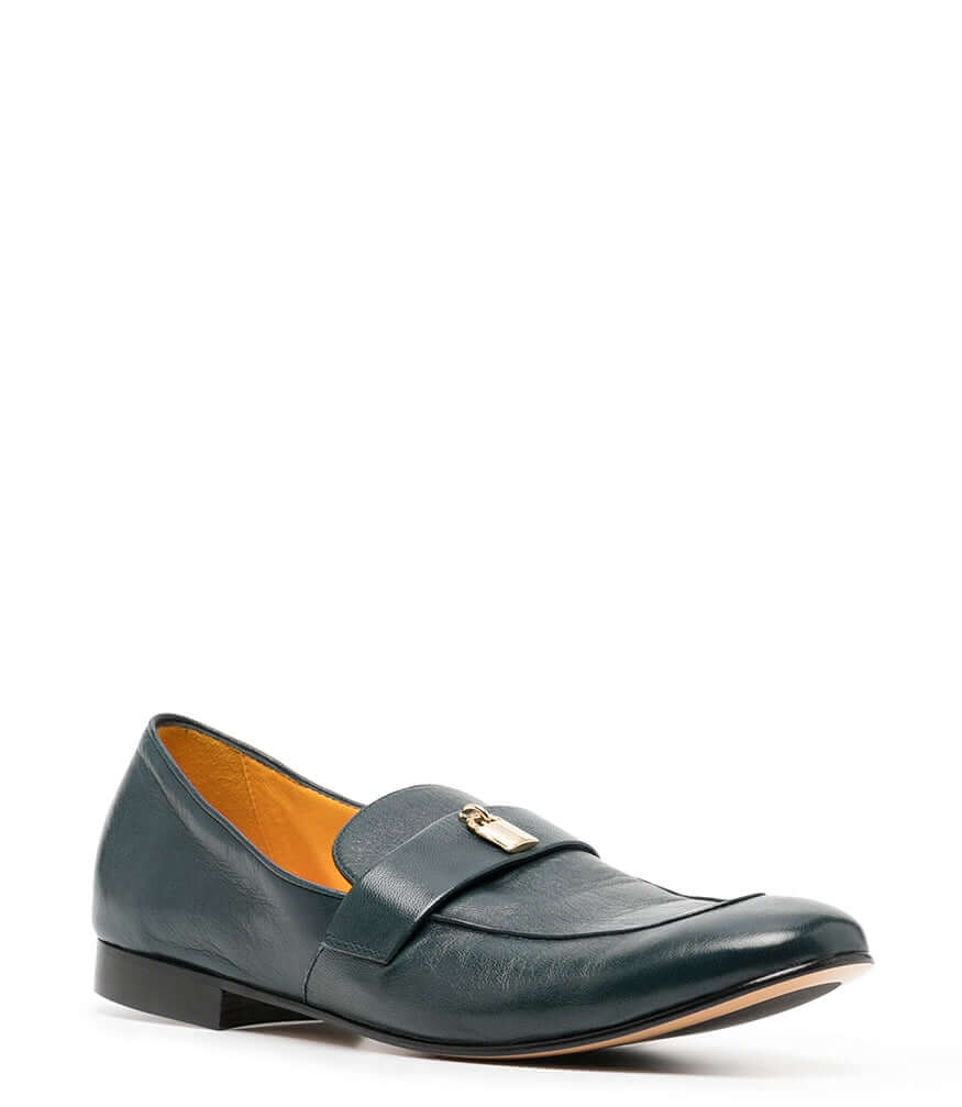 Teal Leather Lock Flat Loafer – Madison Maison Teal Leather Lock Flat Loafer – Madison Maison