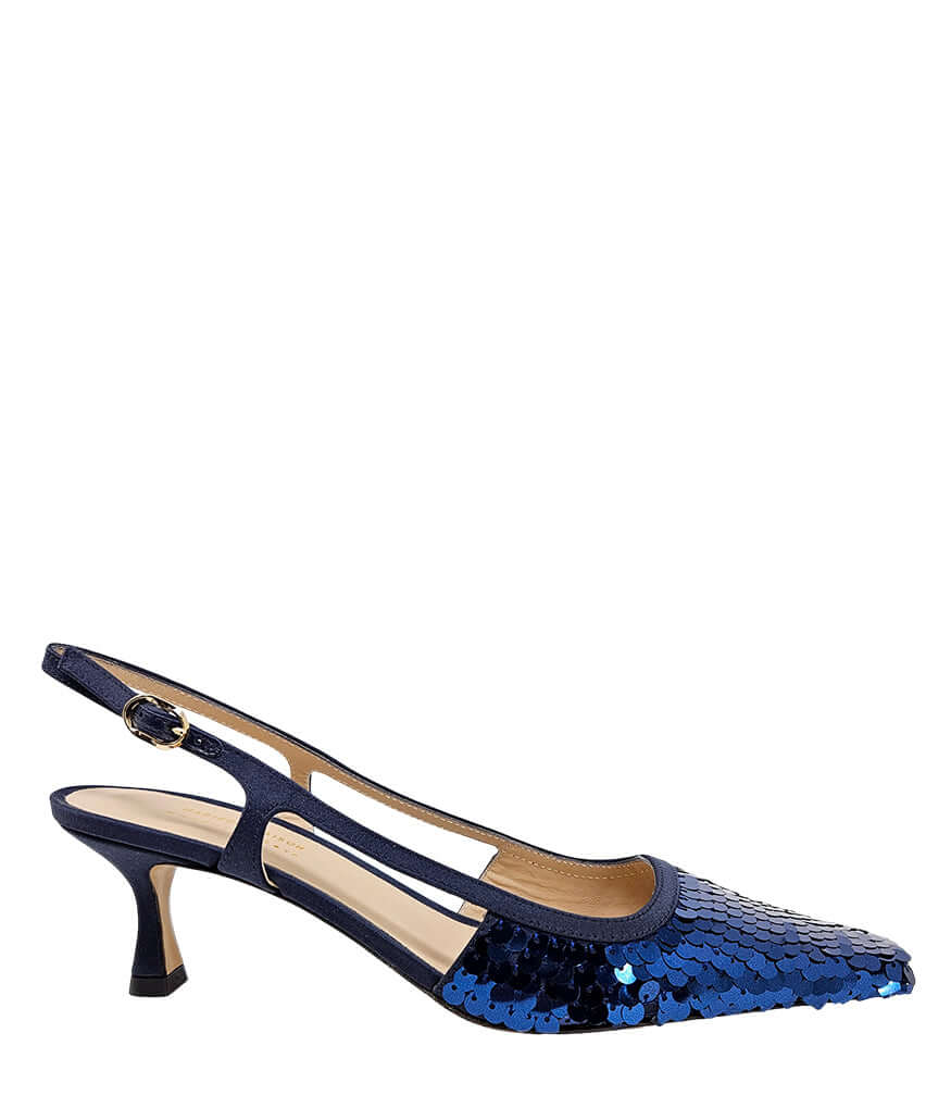 Handcrafted slingback shoe with sequin embellishments, low heel, and pointed toe design. Features an adjustable ankle strap and a textured surface for added visual interest