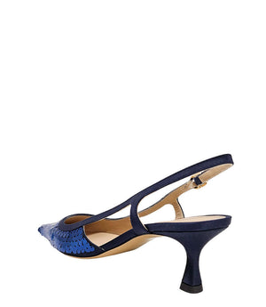 Handcrafted slingback shoe with sequin embellishments, low heel, and pointed toe design. Features an adjustable ankle strap and a textured surface for added visual interest