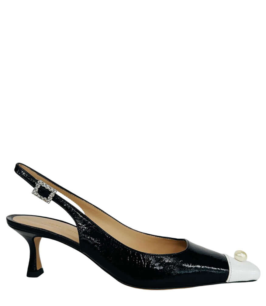 "Elegant Italian-made slingback heel with a low tapered heel, square toe, and a pearl accent on the toe cap. Features a textured finish and jeweled buckle strap. Shown from multiple angles against a clean background.