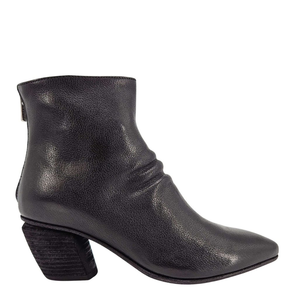 Officine Creative Severine black leather ankle boot with 2-inch stacked heel and sleek design.