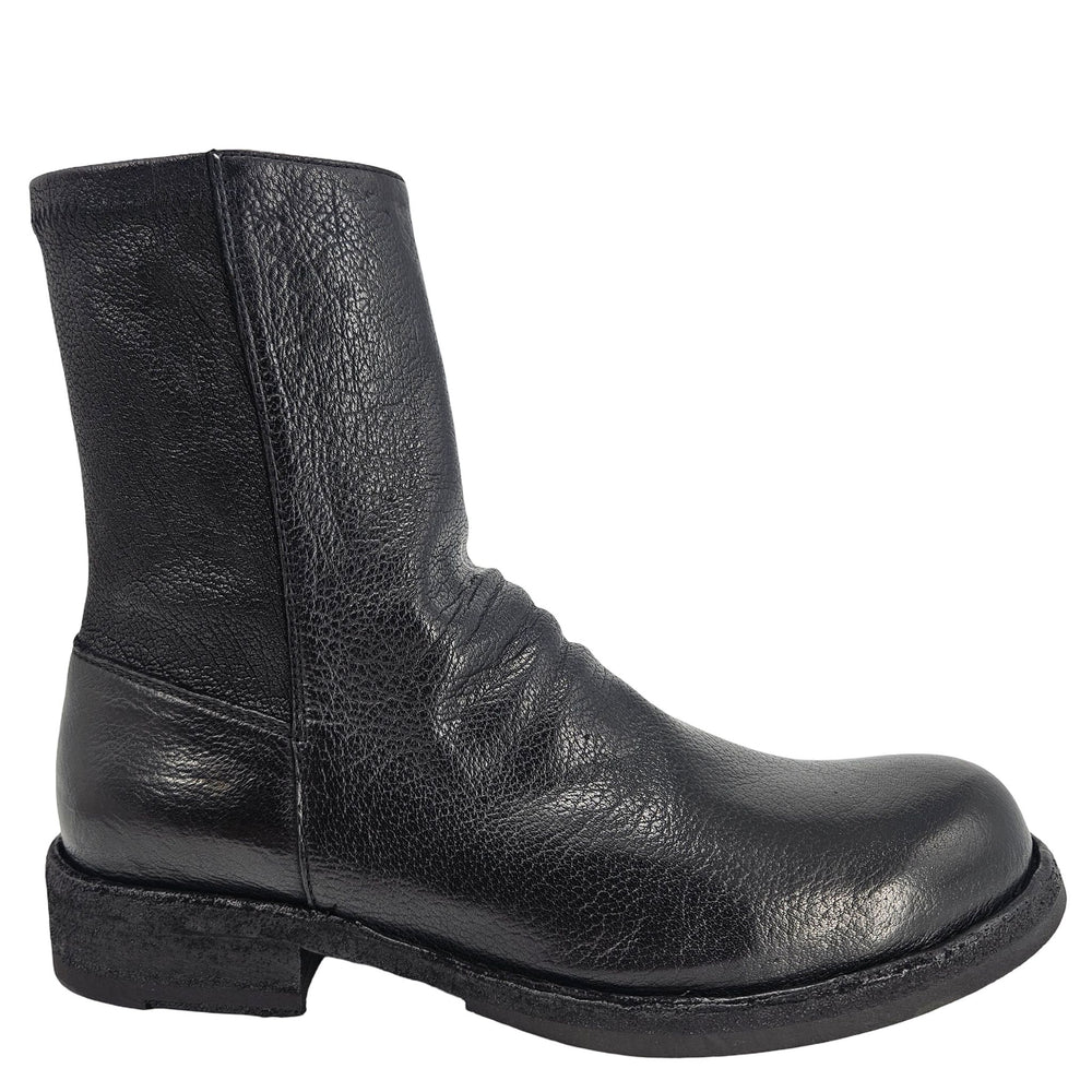 A black leather ankle boot with a low heel and a slightly textured finish.