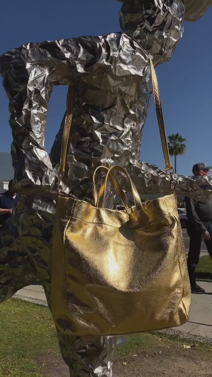Quyenn Metallic Gold Leather Tote Bag