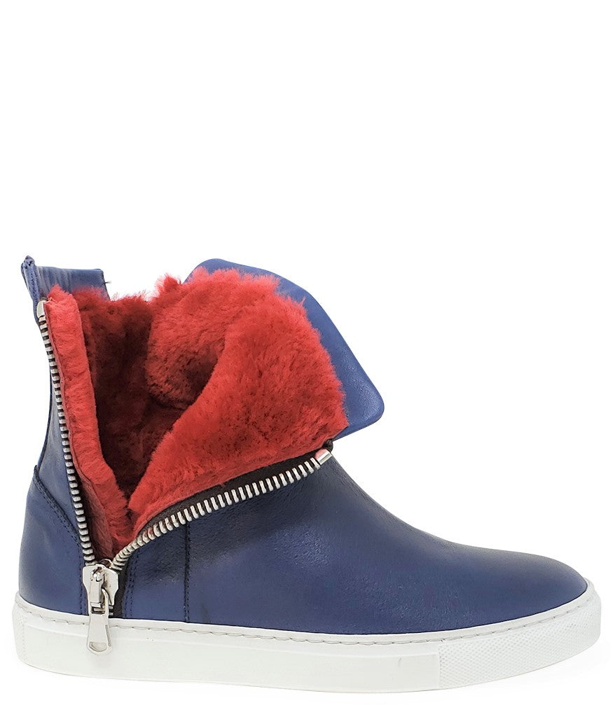 Navy Leather Double Zip Shearling Sneaker Navy Red 38 7366