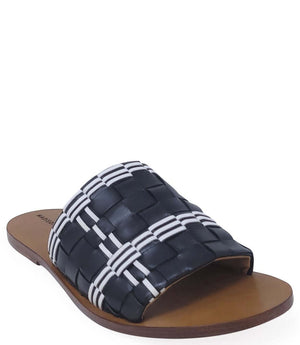 Handmade Italian slide sandal featuring a wide woven upper with interlaced detailing and a flat leather sole. Shown from side and front angles against a clean background.