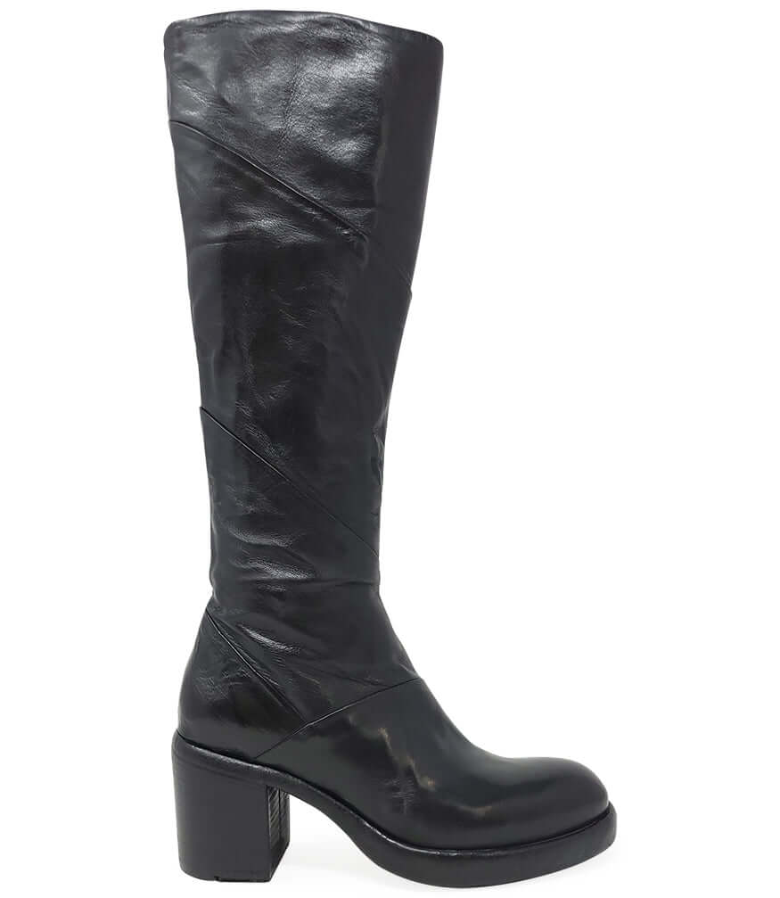 "Knee-high leather boot with structured shaft, rounded toe, and stacked block heel. Designed with minimal stitching and a smooth finish
