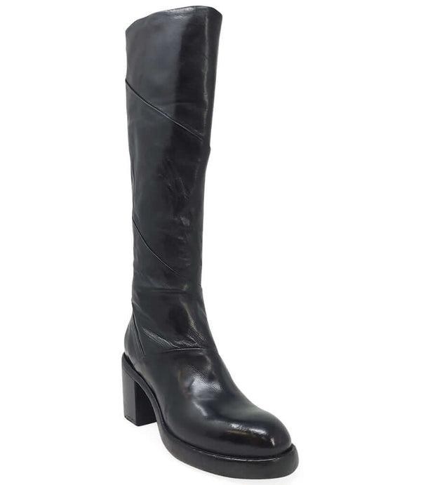 "Knee-high leather boot with structured shaft, rounded toe, and stacked block heel. Designed with minimal stitching and a smooth finish