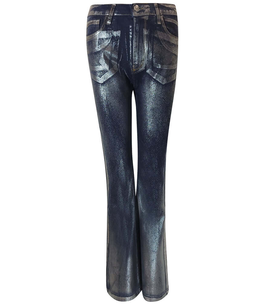 Women's straight-leg jeans made in Italy from coated stretch denim, featuring a high-rise fit and glossy foil finish for a bold, fashion-forward look.