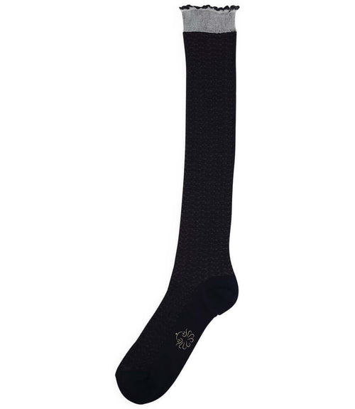 A mid-calf knit sock featuring a mix of textured panels, ribbed leg section, and bold horizontal stripes around the arch and cuff.
