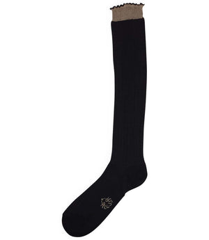 A mid-calf knit sock featuring a mix of textured panels, ribbed leg section, and bold horizontal stripes around the arch and cuff.