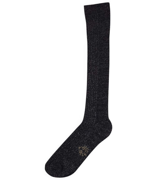 A mid-calf knit sock featuring a mix of textured panels, ribbed leg section, and bold horizontal stripes around the arch and cuff.
