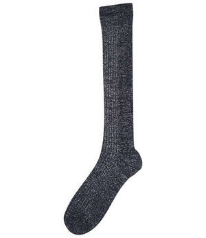 A mid-calf knit sock featuring a mix of textured panels, ribbed leg section, and bold horizontal stripes around the arch and cuff.