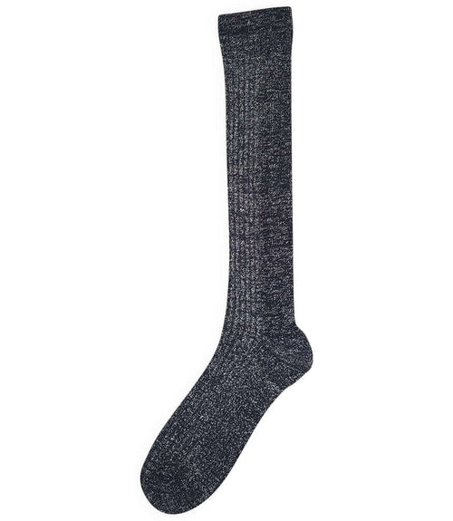 A mid-calf knit sock featuring a mix of textured panels, ribbed leg section, and bold horizontal stripes around the arch and cuff.