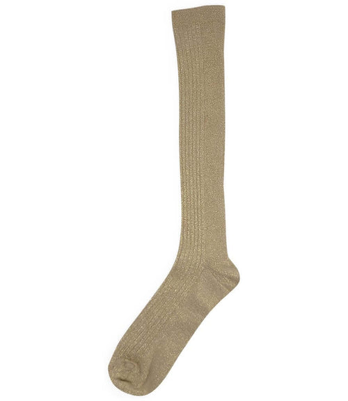A mid-calf knit sock featuring a mix of textured panels, ribbed leg section, and bold horizontal stripes around the arch and cuff.