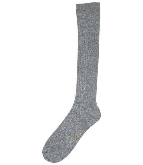 A mid-calf knit sock featuring a mix of textured panels, ribbed leg section, and bold horizontal stripes around the arch and cuff.