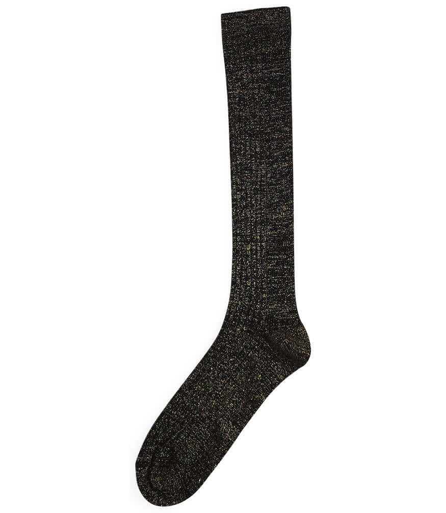A mid-calf knit sock featuring a mix of textured panels, ribbed leg section, and bold horizontal stripes around the arch and cuff.