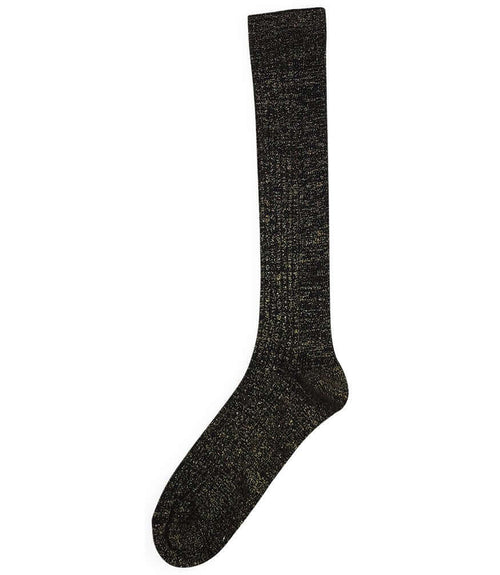A mid-calf knit sock featuring a mix of textured panels, ribbed leg section, and bold horizontal stripes around the arch and cuff.