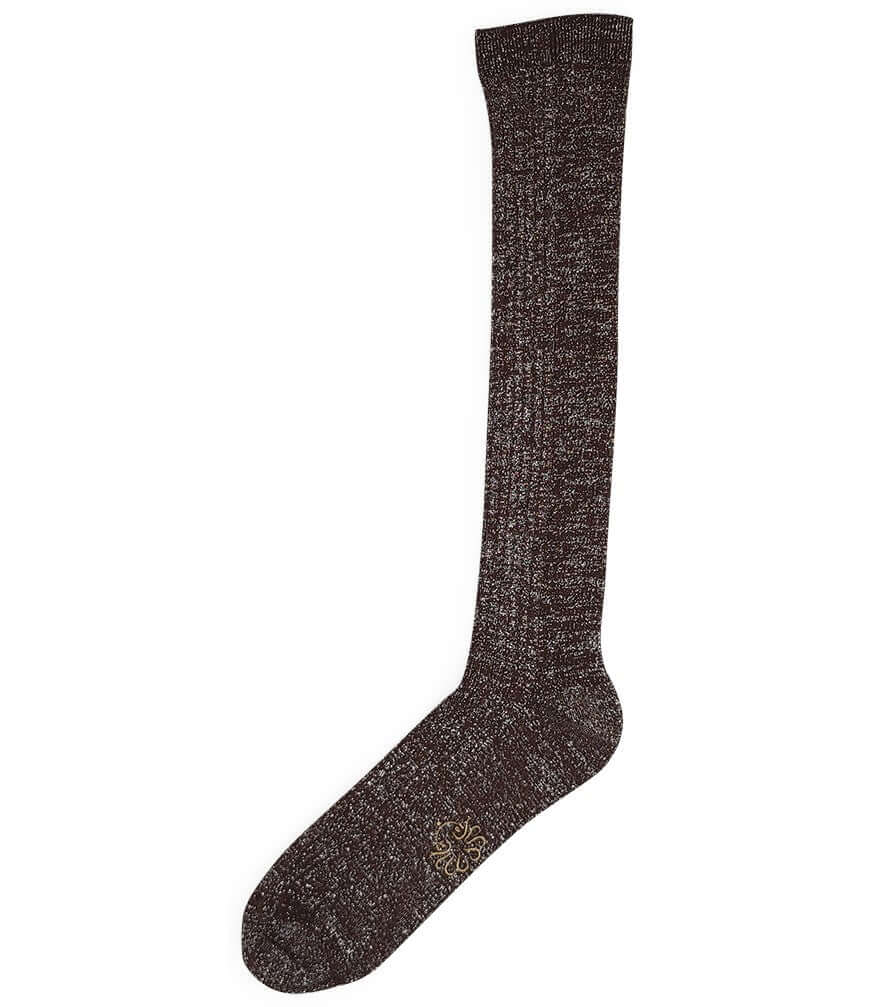 A mid-calf knit sock featuring a mix of textured panels, ribbed leg section, and bold horizontal stripes around the arch and cuff.