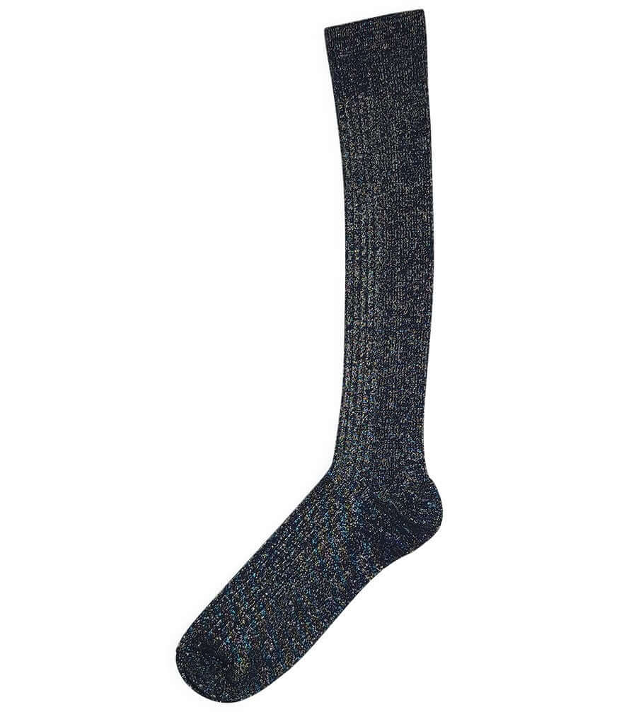 A mid-calf knit sock featuring a mix of textured panels, ribbed leg section, and bold horizontal stripes around the arch and cuff.