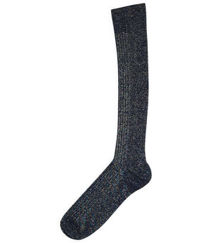 A mid-calf knit sock featuring a mix of textured panels, ribbed leg section, and bold horizontal stripes around the arch and cuff.