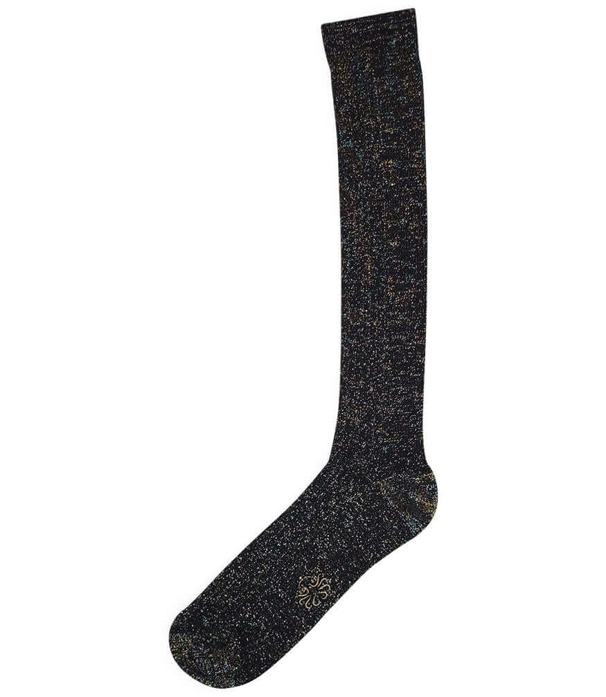 A mid-calf knit sock featuring a mix of textured panels, ribbed leg section, and bold horizontal stripes around the arch and cuff.