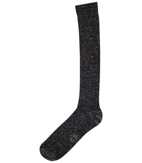 A mid-calf knit sock featuring a mix of textured panels, ribbed leg section, and bold horizontal stripes around the arch and cuff.