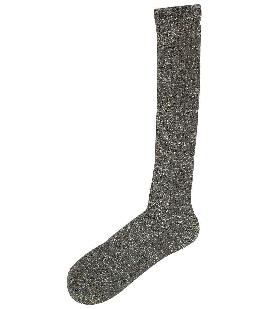 A mid-calf knit sock featuring a mix of textured panels, ribbed leg section, and bold horizontal stripes around the arch and cuff.