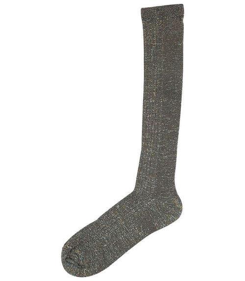 A mid-calf knit sock featuring a mix of textured panels, ribbed leg section, and bold horizontal stripes around the arch and cuff.