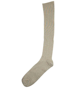 A mid-calf knit sock featuring a mix of textured panels, ribbed leg section, and bold horizontal stripes around the arch and cuff.